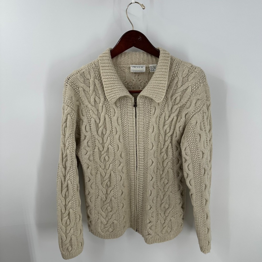 Preview International Classic Cable Knit Full Zip Collared Sweater Cream Size XL
